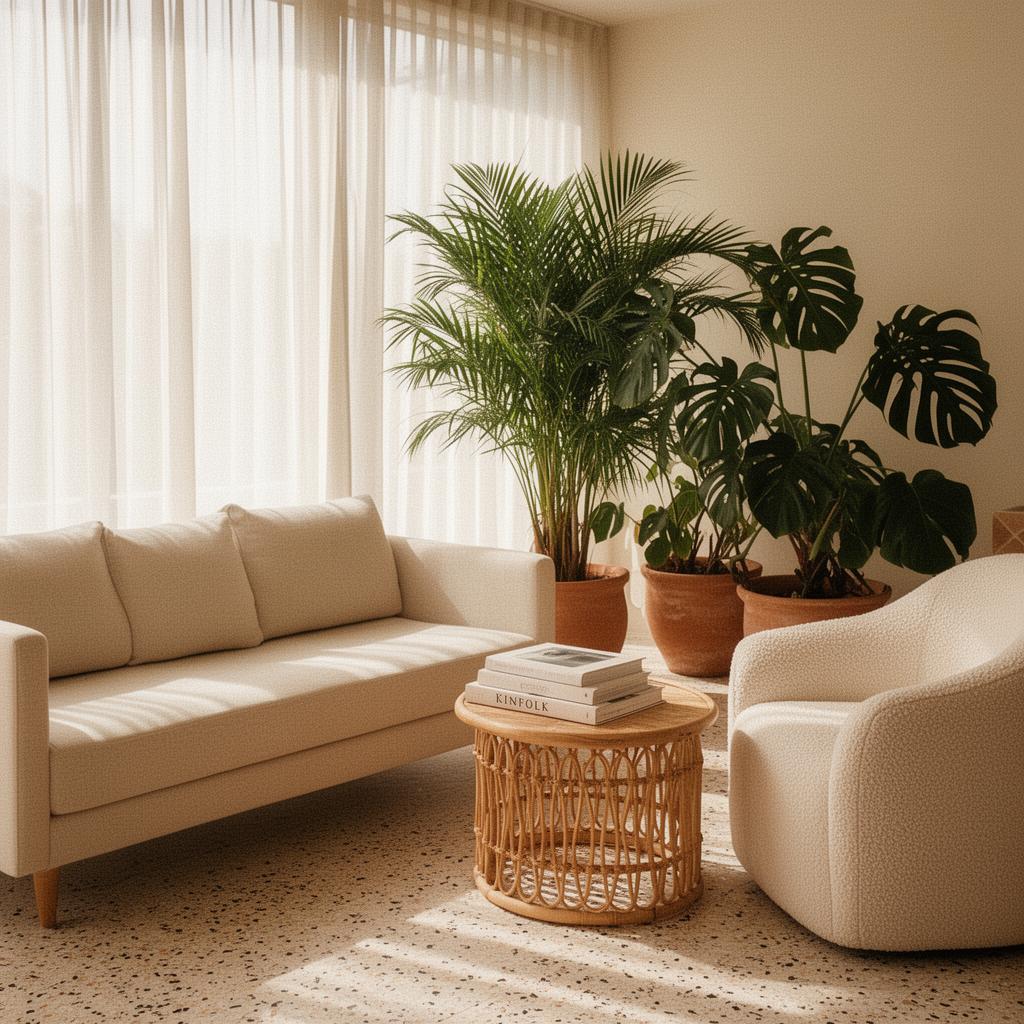 Espace lounge du Zuri Studio à Douala — sofa lin, plantes tropicales