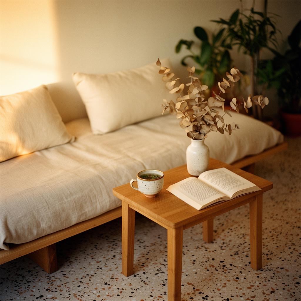 Coin lecture du lounge — thé chaud, livre ouvert, eucalyptus séché